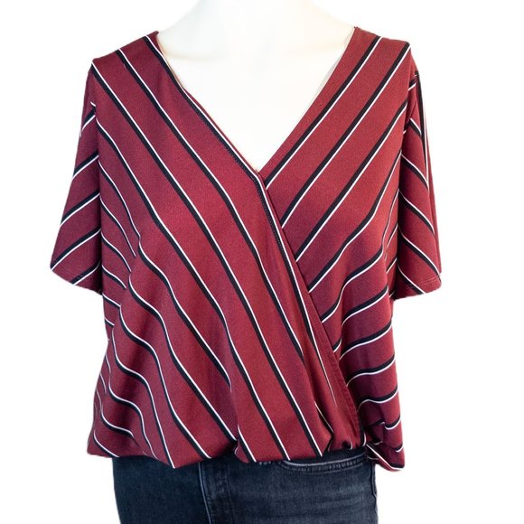 Lola Grace Tops - Lola Grace Maroon Black Stripe V Neck Hi Low Size Large Stylish Blouse